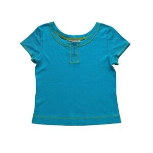 Y2K Sag Harbor Blue Green Contrast Stitch Henley Short Sleeve Women’s Shirt SZ M